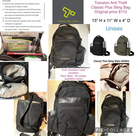 $110 EUC Black Travelon UNISEX Anti Theft Classic Plus Sling Backpack Bag UNISEX - Picture 1 of 13